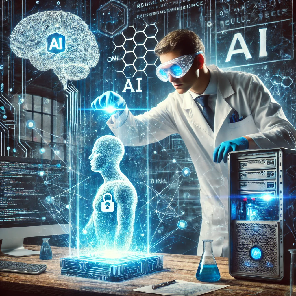 Scientist inserting AI into a computer